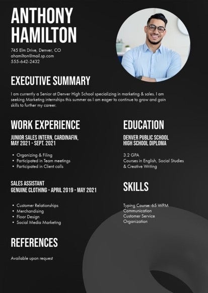 Iteration Black White High School Student Resume