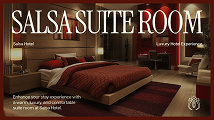 Luxurious hotel suite with warm lighting, featuring a large bed with stylish red decor. A sophisticated serif text reads “Salsa Suite Room.”