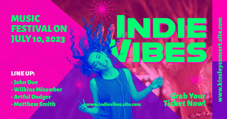 A Facebook Business Page post promoting an Indie Vibes music festival with relevant event information and a CTA to buy tickets