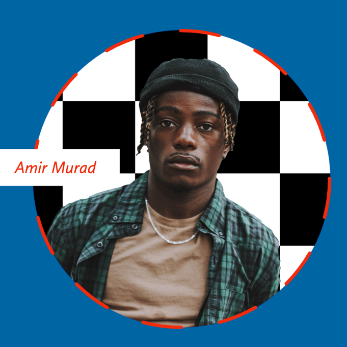Instagram profile picture of a man with dark skin, a chain, and a beanie named Amir Murad against a checkered circular background