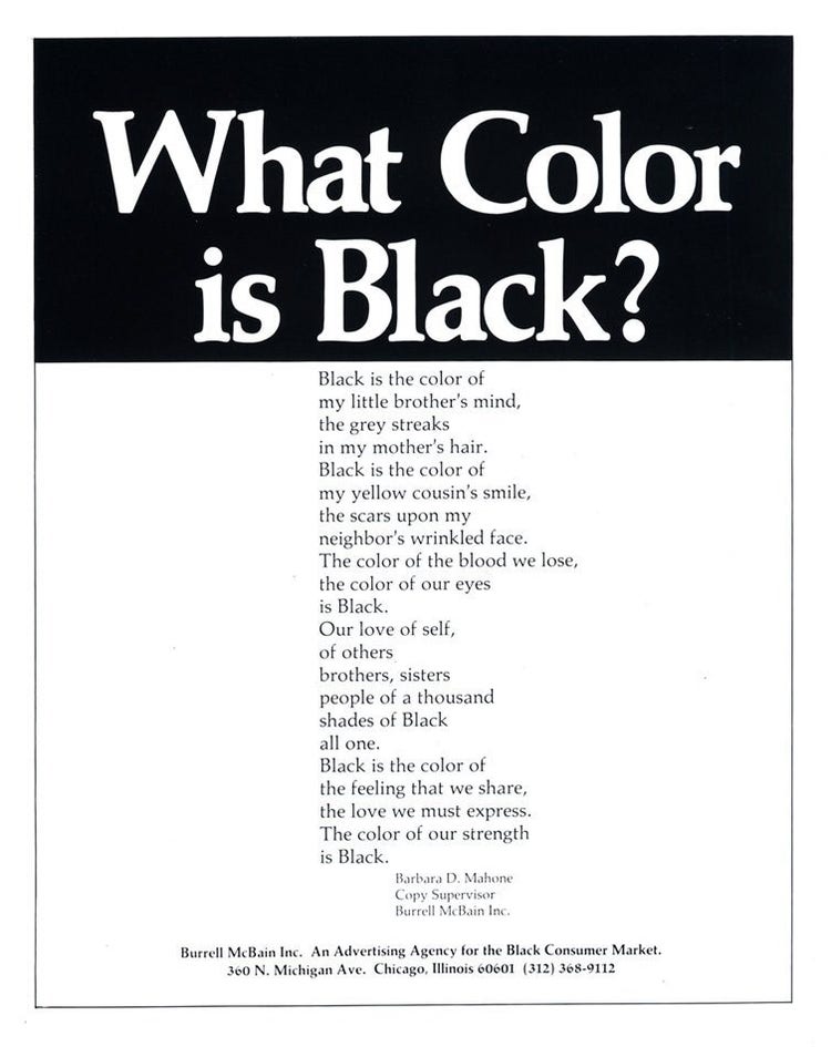 Promotional image with a header of white text on a black background that reads, "What Color is Black?" The rest of the page features a poem credited to Barbara D. Mahone that begins "Black is the color of my little brother's mind."