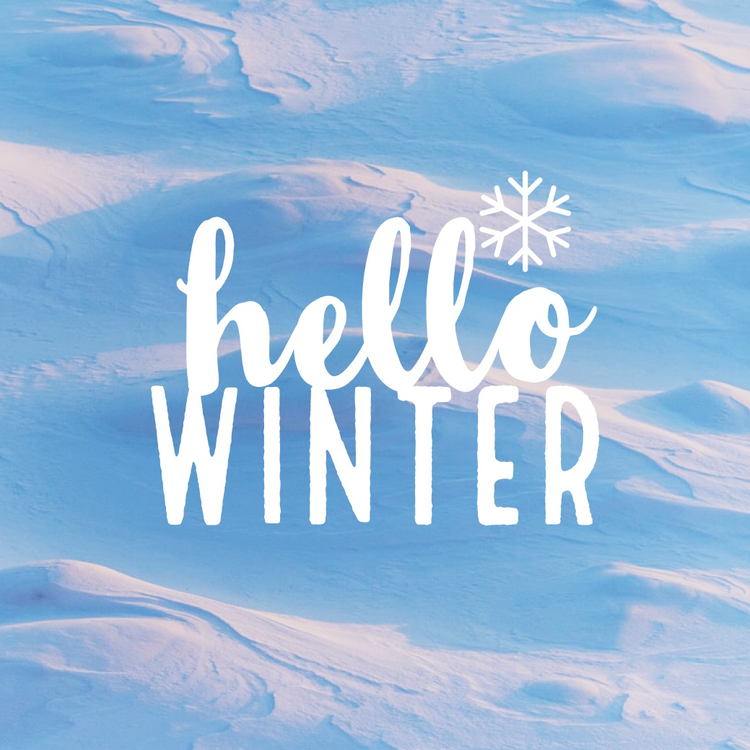 "Hello winter" Instagram post against a close-up image of a ski slope with moguls