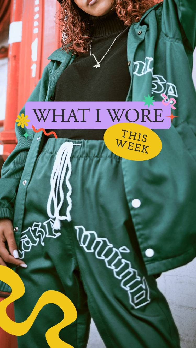 A social media influencer's post highlighting what they wore this week using a selfie taken from their shoulders down of their outfit