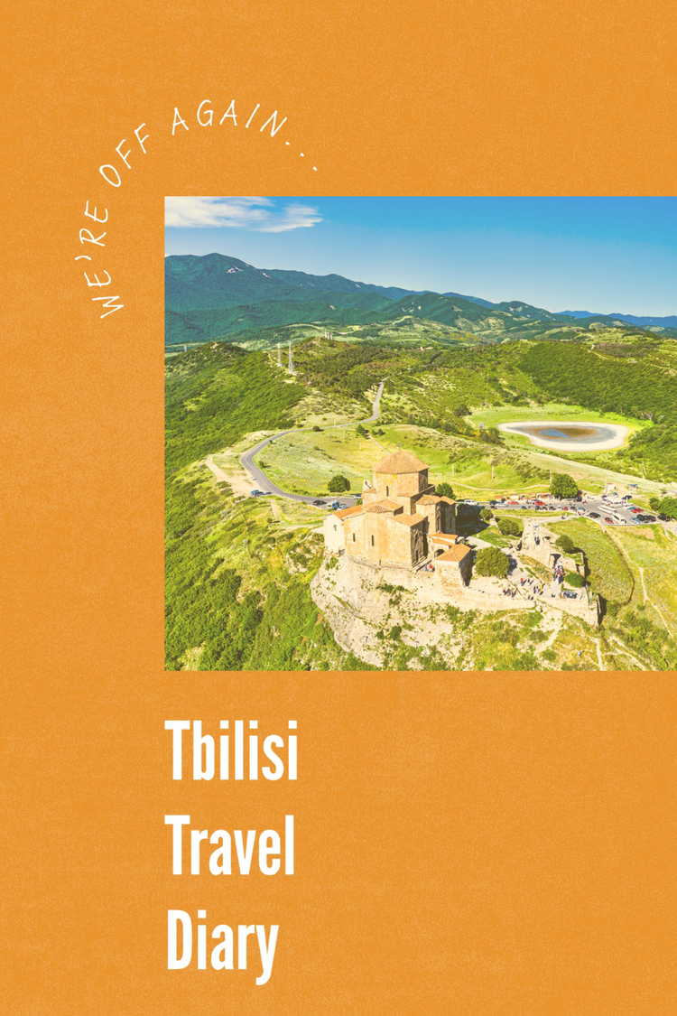 "Tbilisi Travel Diary" blog post header with an image of a green countryside with a tan villa