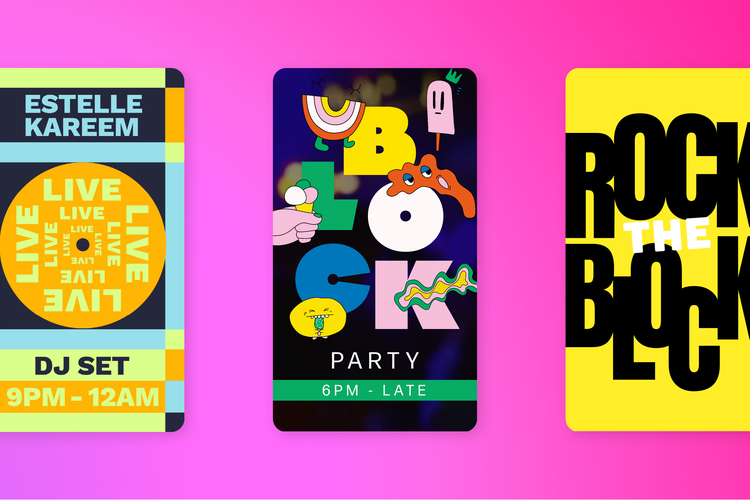 3 Instagram Reels promoting different events – a DJ set, a block party, and rock the block