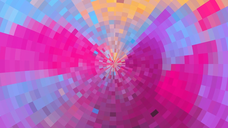 Blue, purple, fuschia, yellow, and red colors like a kaleidoscope