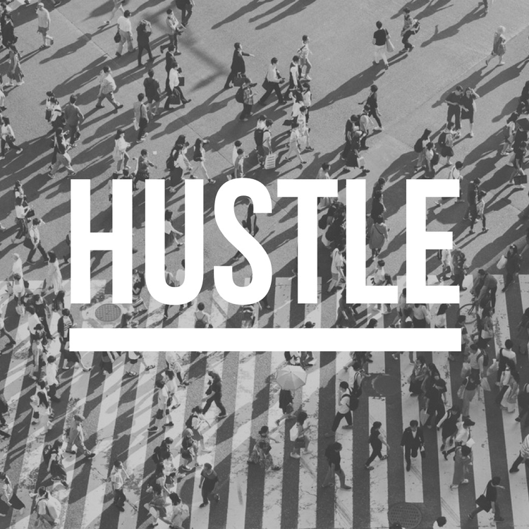 "Hustle" Instagram post against a black-and-white aerial photo of a busy crosswalk