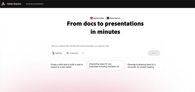 a screenshot of the landing page for generate presentation with a prompt bar and suggested prompts underneath