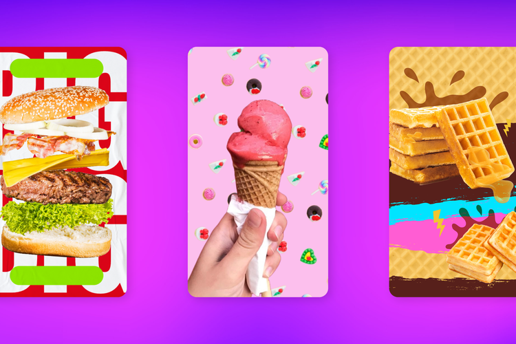 A purple gradient background overlayed by three food background templates respectively featuring a cheeseburger, ice cream cone, and Belgian waffles.