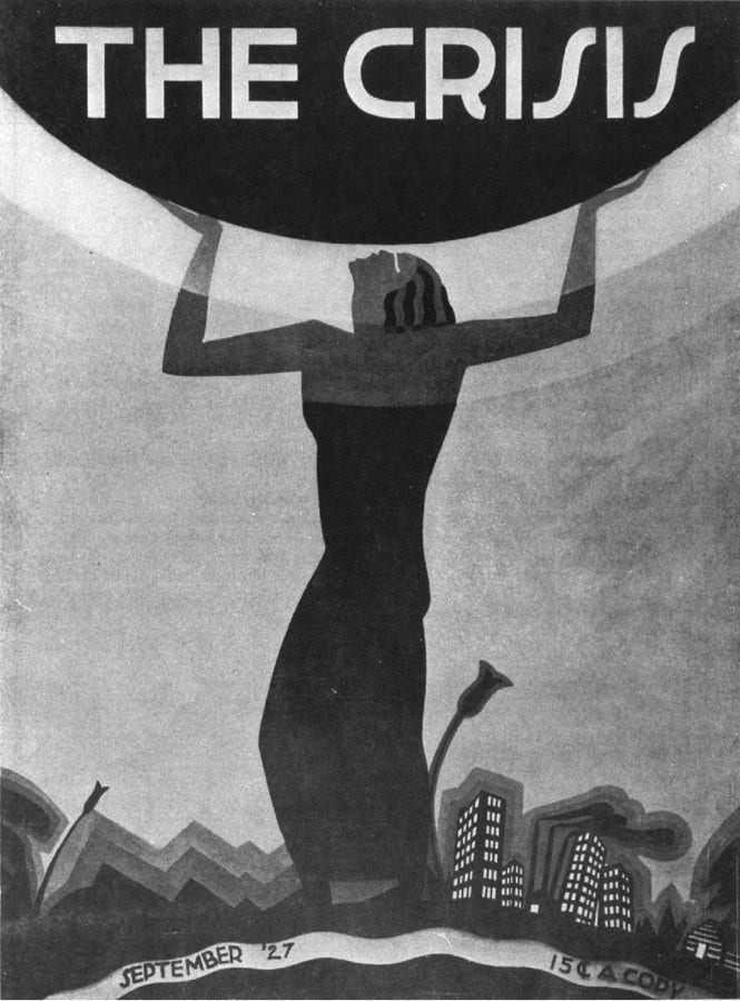 Aaron Douglas' cover of The Crisis magazine of September 1927 with a dark-skinned woman holding an orb over her shoulders. A cityscape is small at her knees. The title is placed within the orb at top and the edition is placed on the street at bottom.