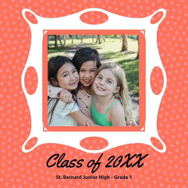 Graduation Instagram post with an image of 3 kids hugging and smiling in a graphic picture frame against a polk-a-dot background