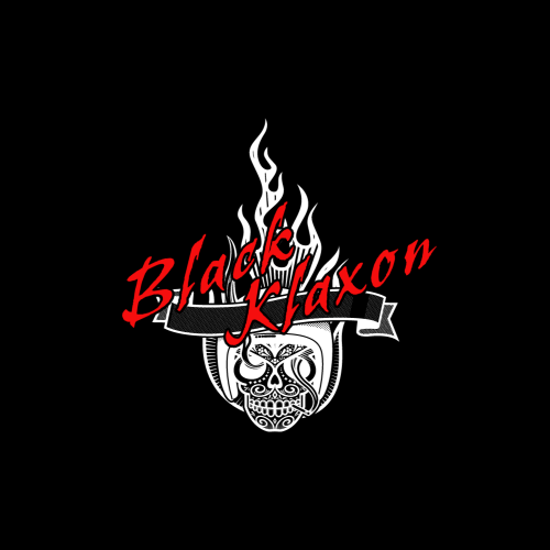 Black Klaxon fantasy football logo written in red in front of a calavera with a flaming helmet and hat