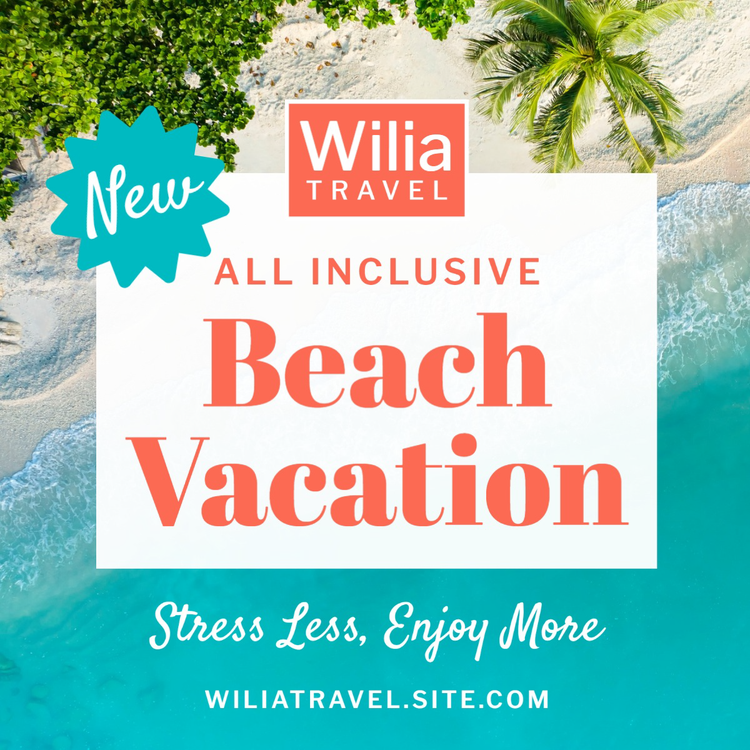 A Facebook Business Page ad promoting Wilia Travel's New All Inclusive Beach Vacation against an aerial view of a white sand beach