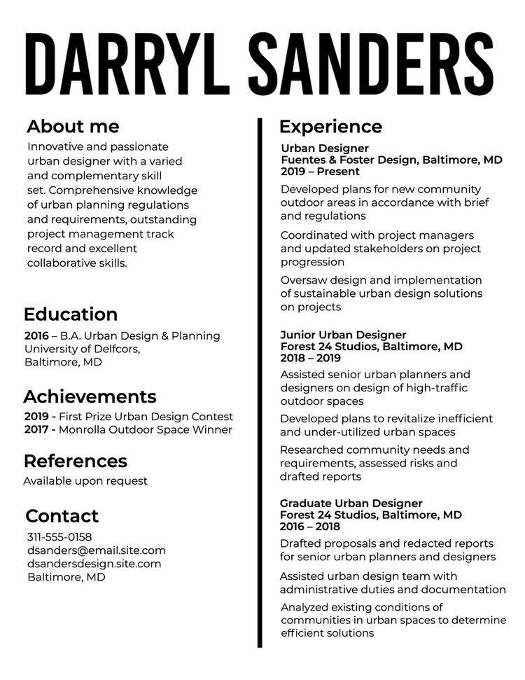 A resume for an urban designer with a heavy header font and clean body text
