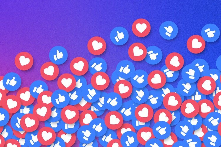 Facebook thumbs up and heart react icons scattered across a blue-purple gradient background