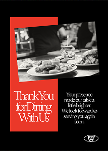 Black-and-white image of plates of food, set against a split-screen, red and black background. An elegant serif text reads “Thank You for Dining With Us.”