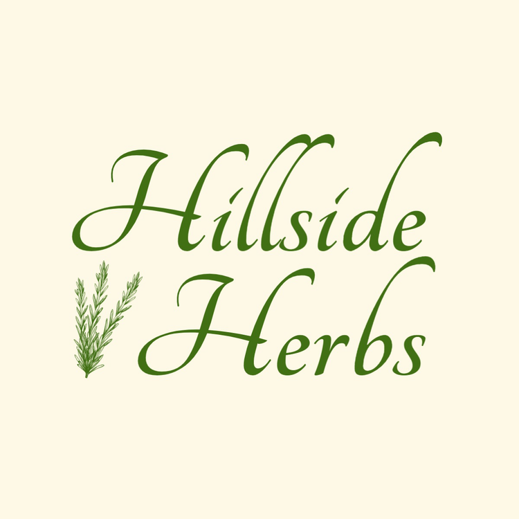 A logo with a script font for Hillside Herbs written in dark green against a light green background with an icon of some herbs