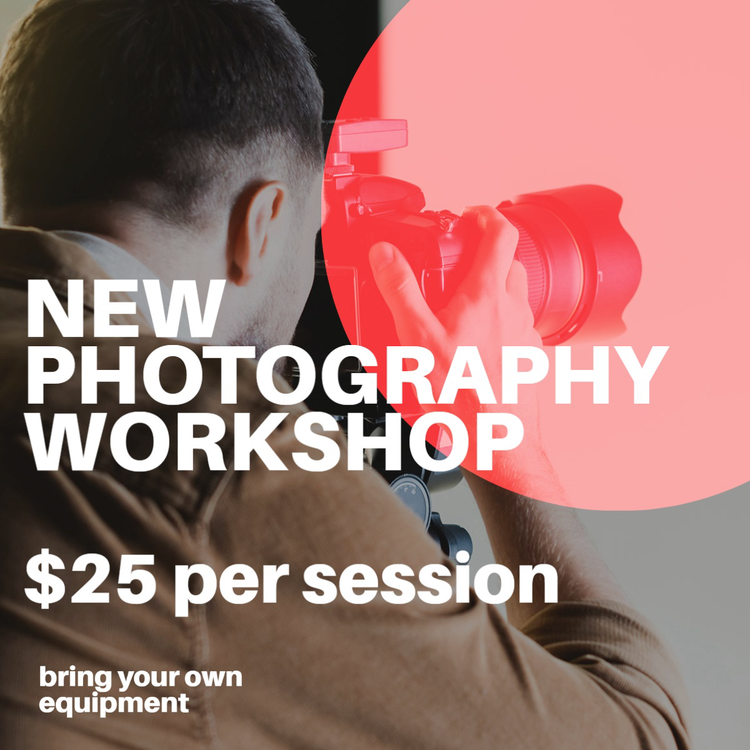 "New Photography Workshop – $25 per session" private coaching service Instagram post with a person taking a picture with a camera