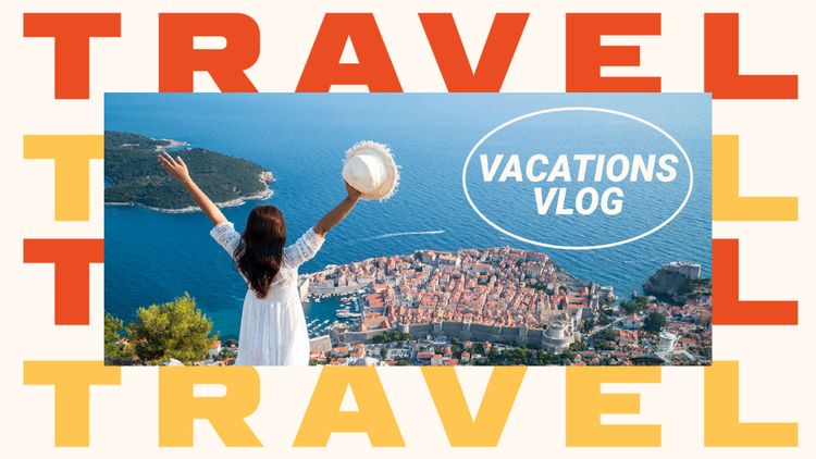 A channel banner for a travel vlogger with a picture of a person standing on top of a mountain overlooking a seaside town