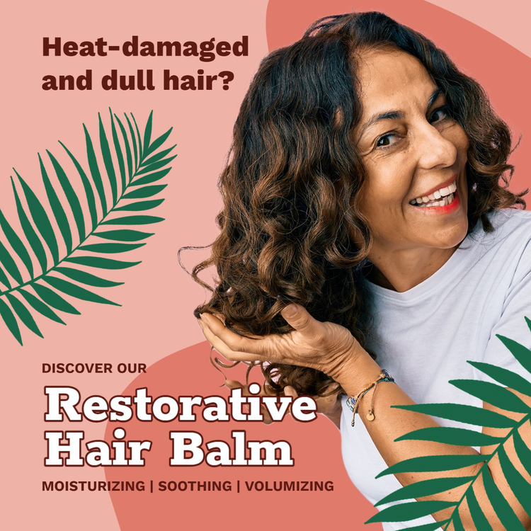 Facebook Marketplace ad for Restorative Hair Balm with a person smiling and fluffing their curly hair