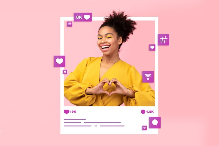 A social media marketing post with a person smiling and making a heart shape with their hands