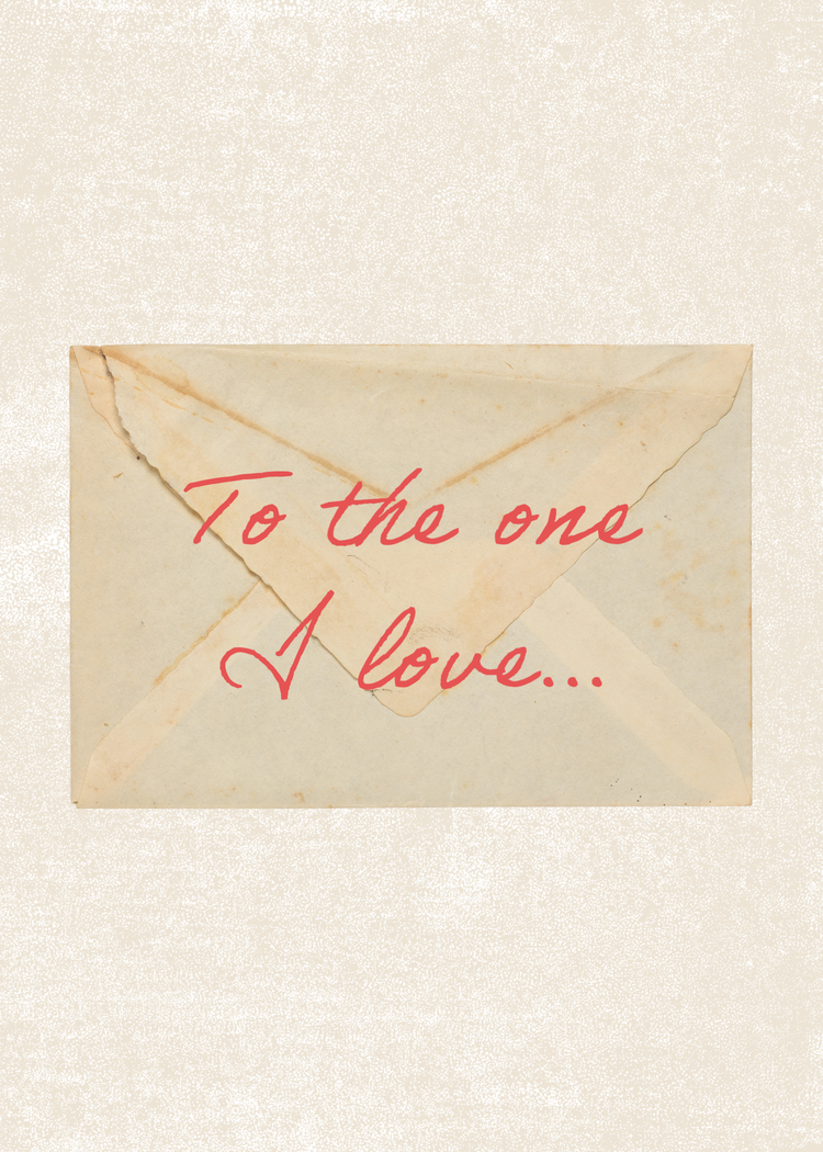 "To the one I love..." written in red against the back of an envelope with a white grainy background
