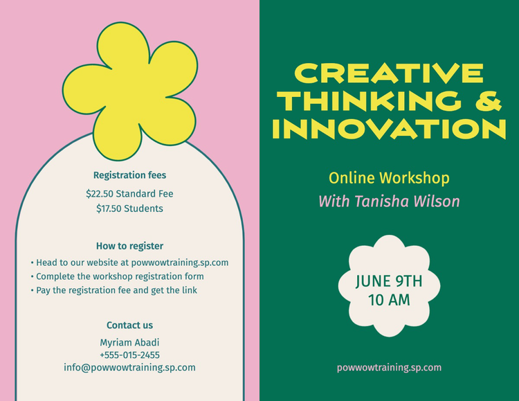 "Creative Thinking & Innovation Online Workshop" with relevant event details against a pink, yellow, and green background
