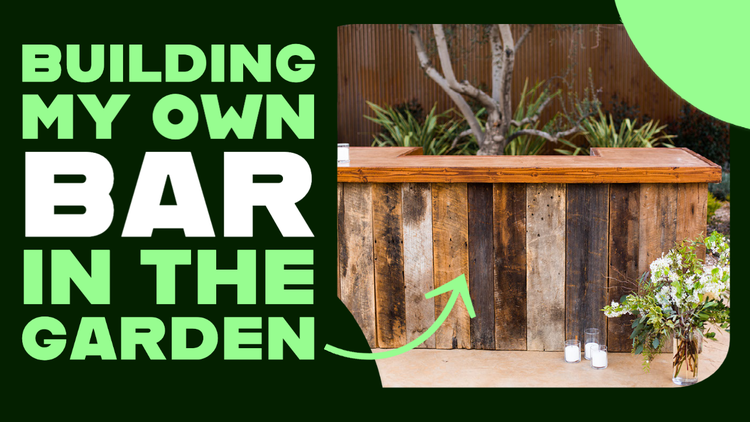 "Building my own bar in the garden" YouTube thumbnail pointing to a wooden outdoor bar