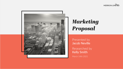 Grey and orange opening presentation slide for a marketing proposal