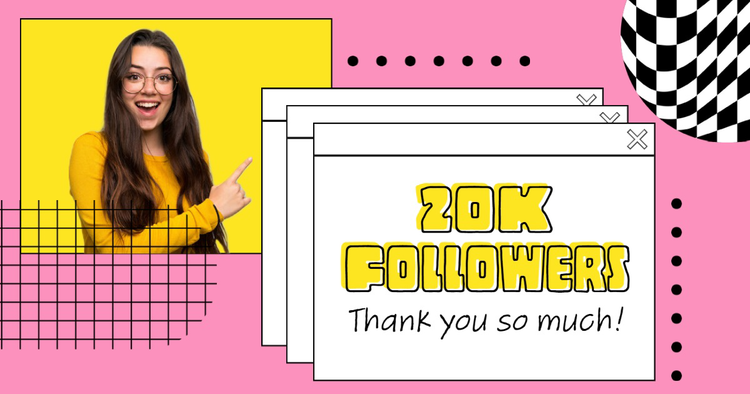 "20K Followers – Thank you so much!" YouTube banner with a person smiling and pointing at the text against a pink background