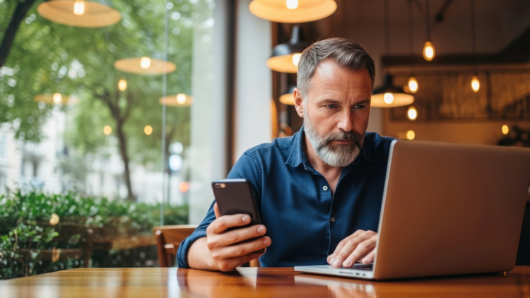 A man has a laptop on the table in front of him and his phone in his hand. He is looking at the laptop screen and wearing a blue shirt.