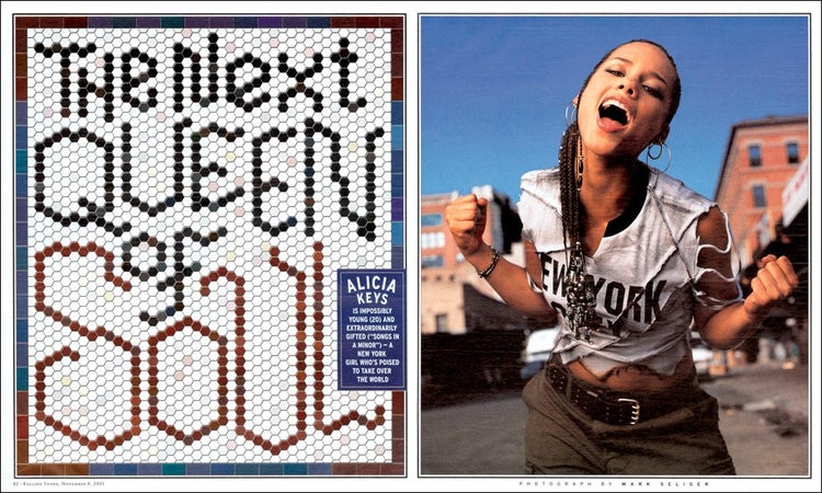 Page one features tiles that spell out "The Next Queen of Soul." Page two shows a woman singing in an urban scene with her fits raised slightly.