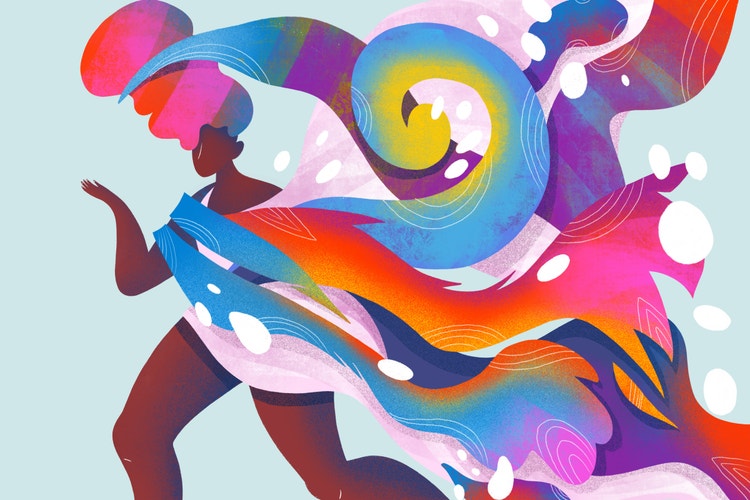 colorful scarf-like swirling patterns and a woman