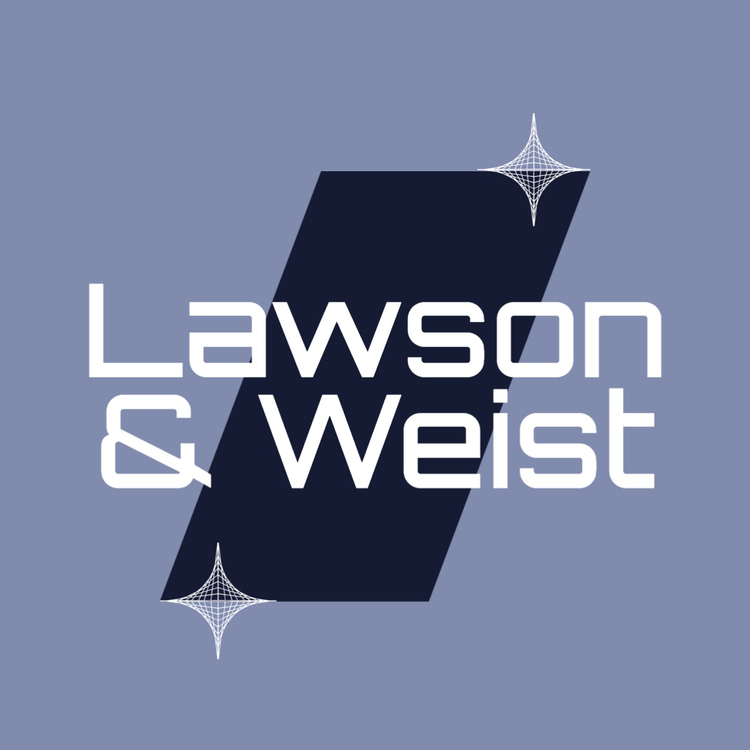 A logo with a sans serif font for Lawson & Weist written in white against a light and navy blue background with geometric stars
