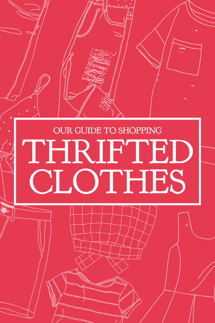 a social media influencer's guide to shopping thrifted clothes with sketches of various clothing in the background
