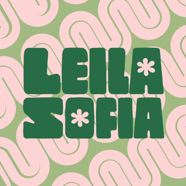 A logo for the social media influencer Leila Sofia written in green with graphics of pink squiggles and flowers