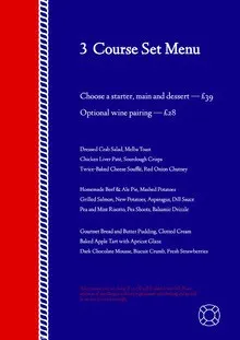Red and Blue Thames Boat Cruise Menu Set