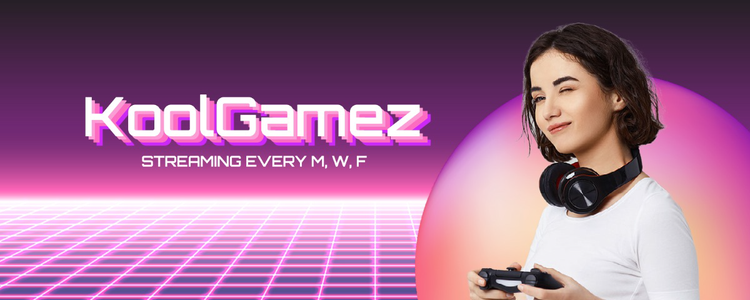 A Twitch banner for KoolGamez streaming every M, W, F with an image of a person holding a controller with headphones around their neck