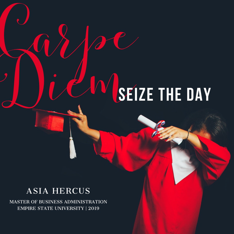 "Carpe Diem Seize the Day" Instagram post with a person in a red graduation robe holding a graduate hat and scroll dabbing
