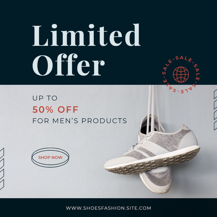 "Limited Offer – up to 50% off for men's products" Ecommerce Instagram post with grey and white sneakers hanging from their shoe laces