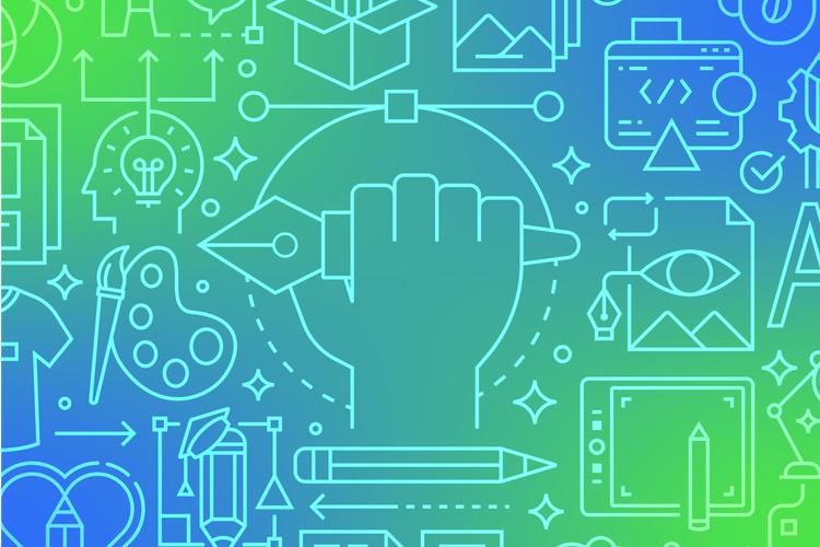 Outlines of various graphic design tools – pens, pencils, tablets, paint brush, websites, etc. – against a blue and green gradient background
