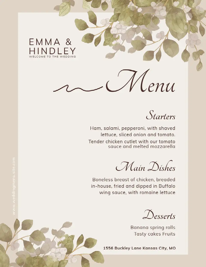 A white and beige wedding menu with watercolor leaves and flowers