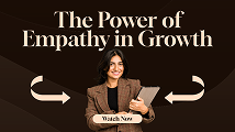 Smiling woman holding a tablet against a dark background. An authoritative serif headline reads “The Power of Empathy in Growth.”