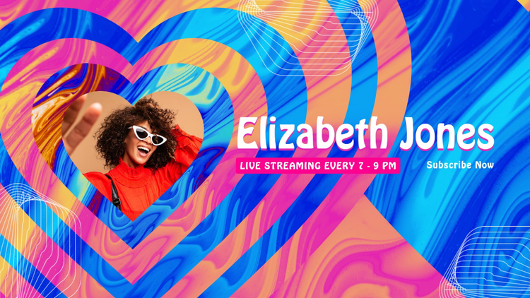 A YouTube banner for Elizabeth Jones with live streaming information and a a Subscribe Now button