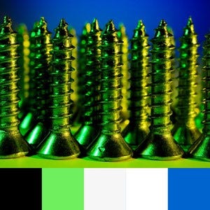A color palette created from an image of nails standing upright cast into an electric green shadow against a bright blue background