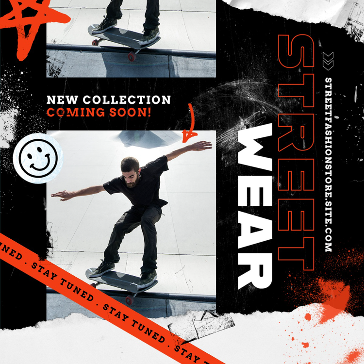 "Street Wear – New Collection Coming Soon!" Instagram post with a person in all black skateboarding