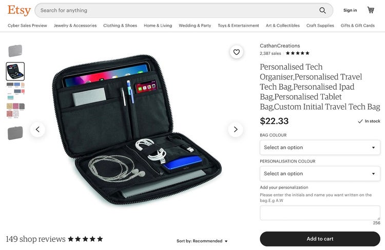 Etsy shop listing for personalized tech organizer