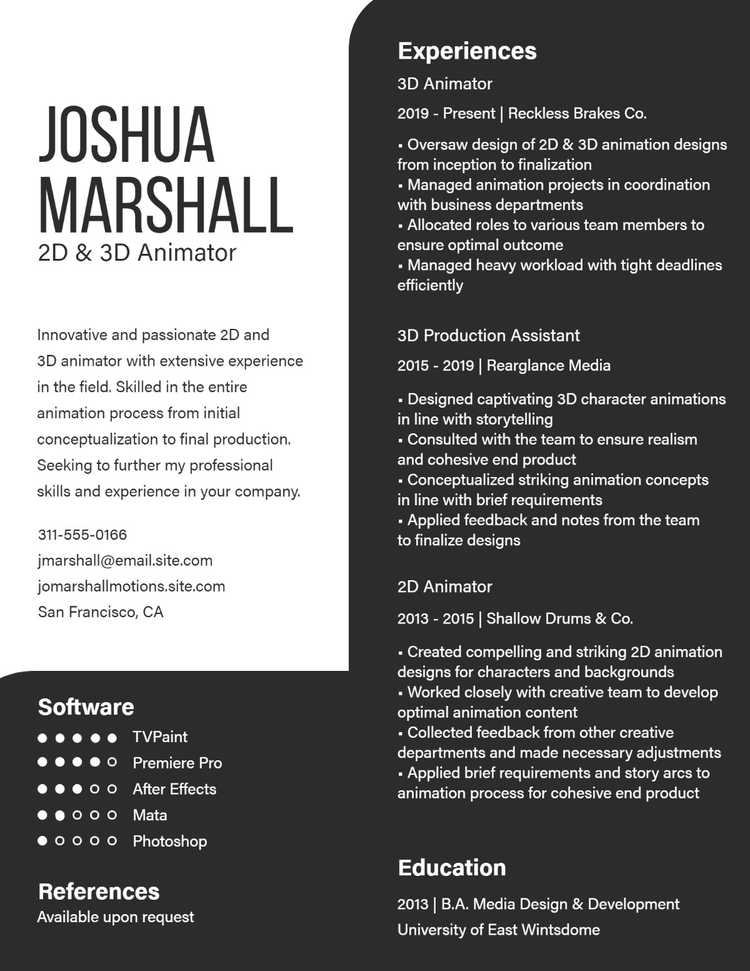 A resume for a 2D & 3D animator with a heavy header font and clean body text