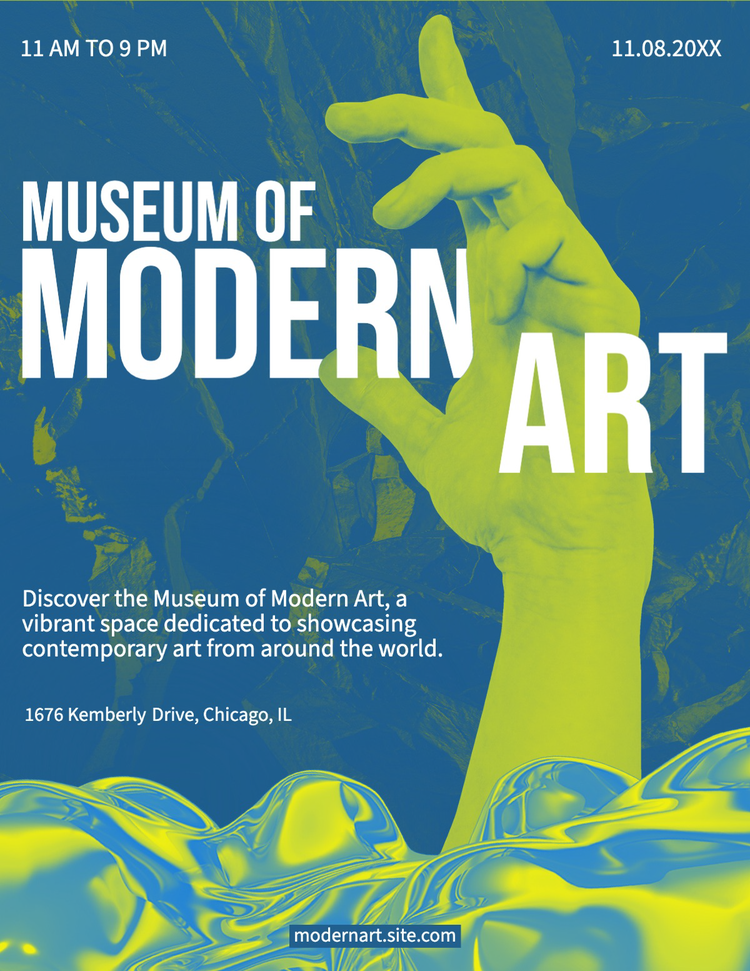 A blue and green flyer made by a content creator promoting the Museum of Modern Art