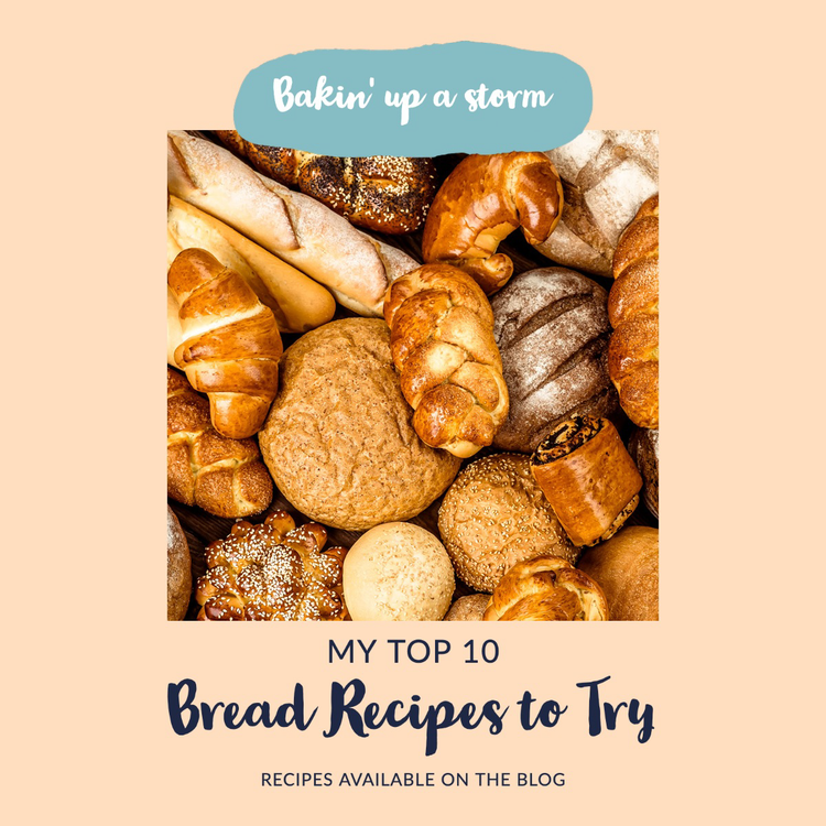 The header for a webpage called "My Top 10 Bread Recipes to Try" utilizing a curly font and a blue and white color palette